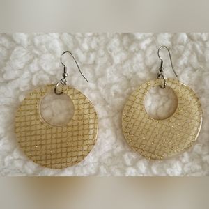 Vintage earrings, light tan with gold glittery lines
